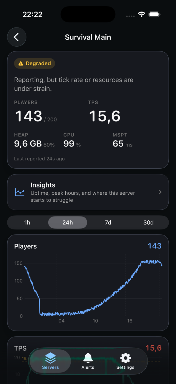 A Pulse server detail screen showing a Degraded badge, 143 of 200 players, 15.6 TPS, 9.6 GB heap at 80 percent, 99 percent CPU, and a 24-hour players chart.