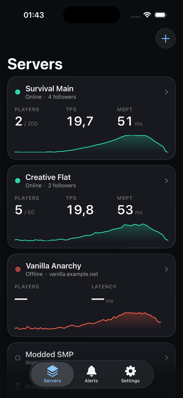 The Pulse server list: Survival Main online with 2 of 200 players at 19.7 TPS, Creative Flat online, Vanilla Anarchy offline with its sparkline in red, and Modded SMP waiting for a first report.